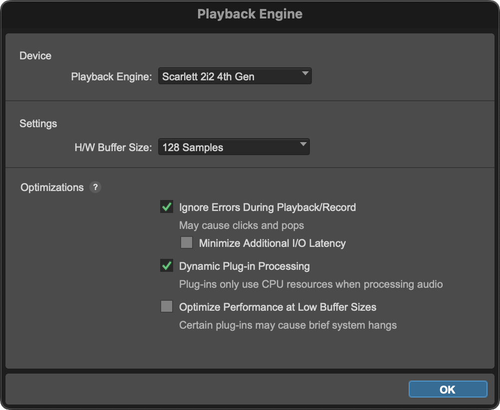 A screenshot of Pro Tool's Mac Playback Engine window with Scarlett 2i2 4th Gen selected.