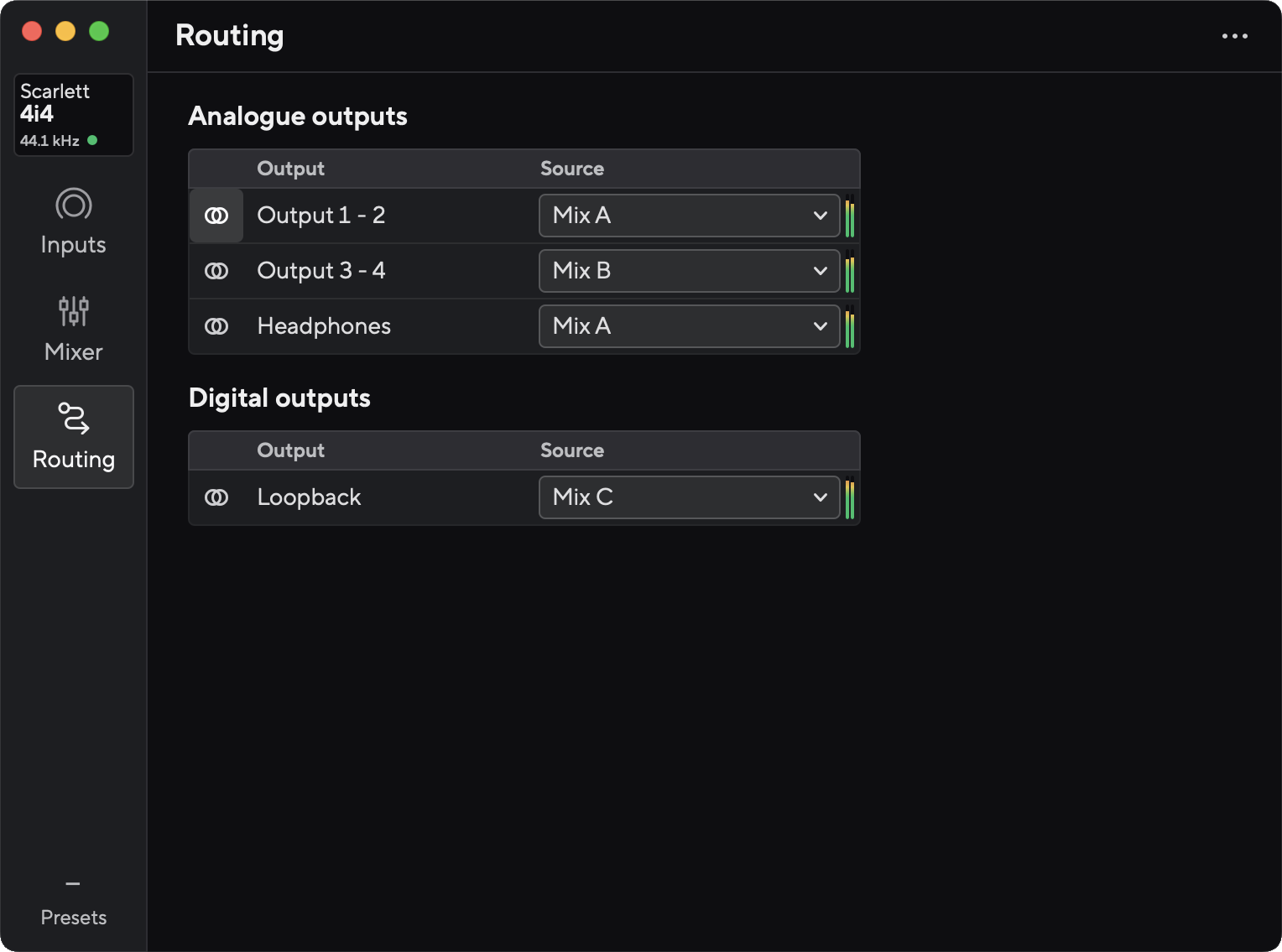 A screenshot of the Routing tab in Focusrite Control 2.