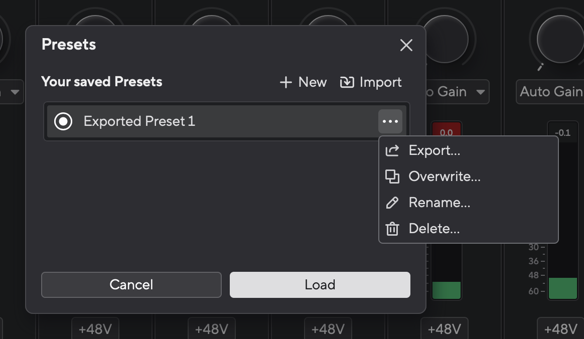 A screenshot of Focusrite Control 2's Overwrite preset button.