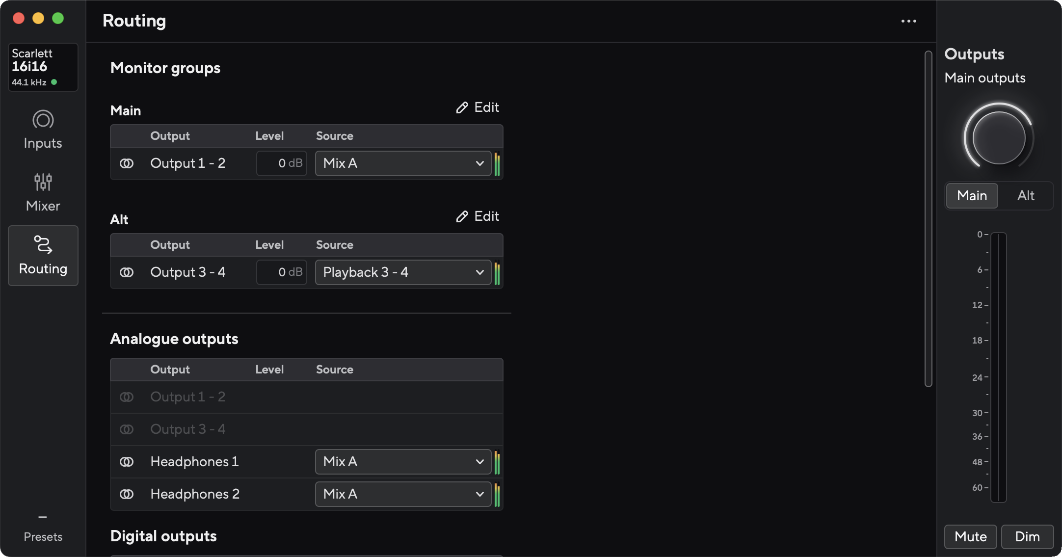 A screenshot of the Routing tab in Focusrite Control 2.