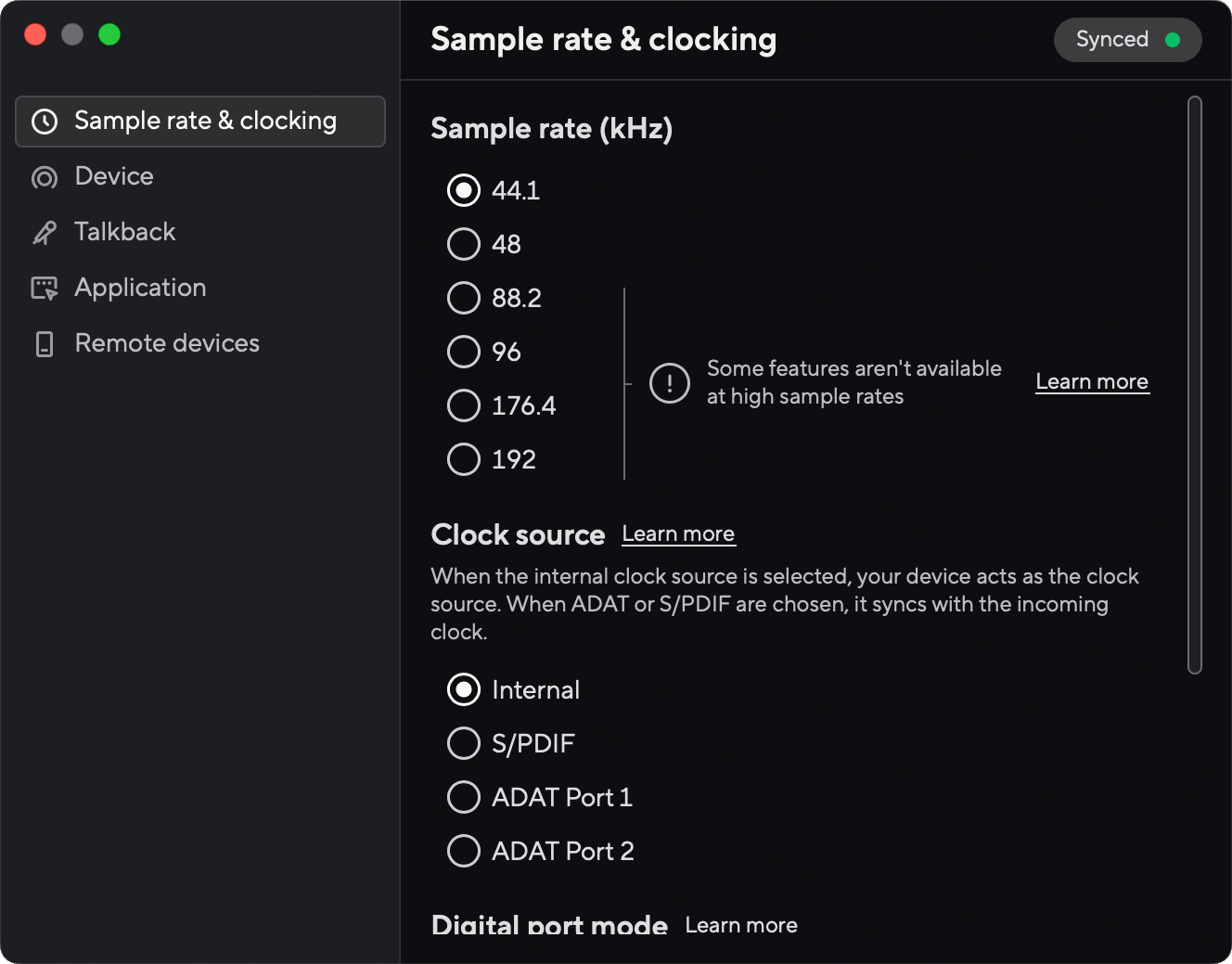 A screenshot of Focusrite Control 2's settings tab.