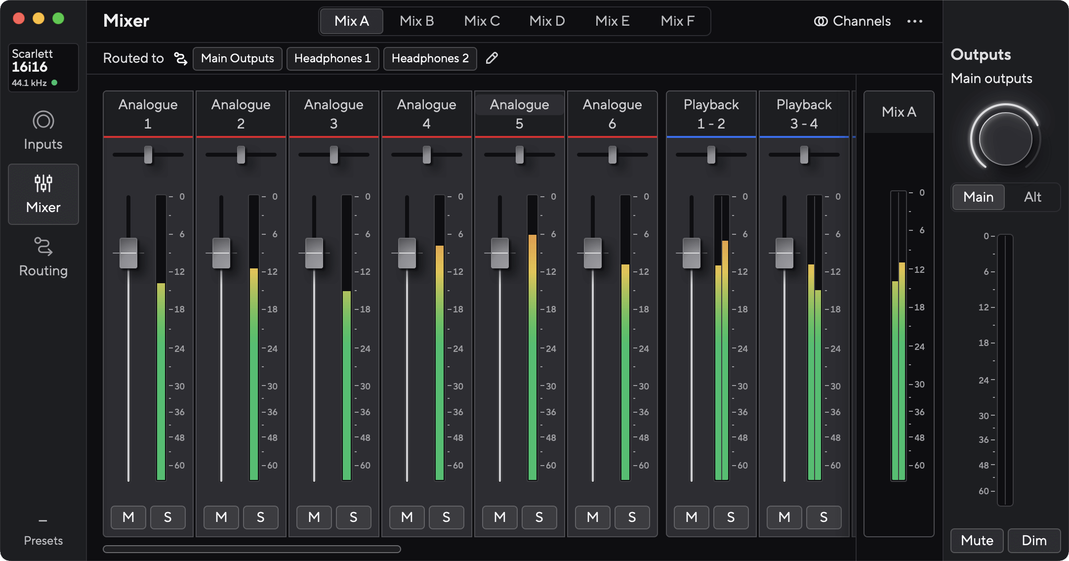 A screenshot of Focusrite Control 2's mixer for the Scarlett 16i16.