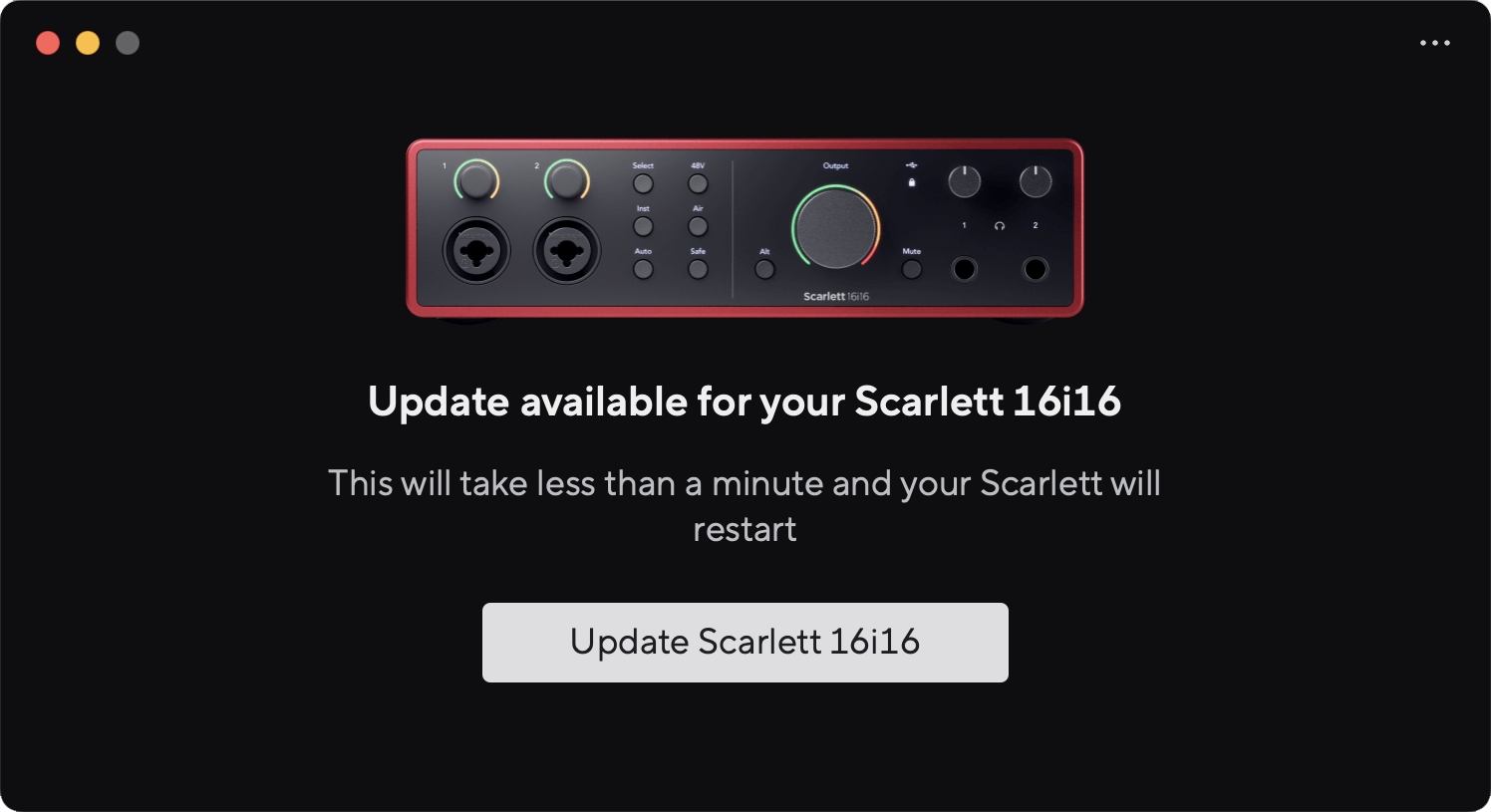 A screenshot of Focusrite Control 2's firmware update available page.