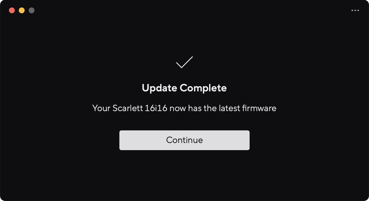 A screenshot of Focusrite Control 2's firmware update complete page.