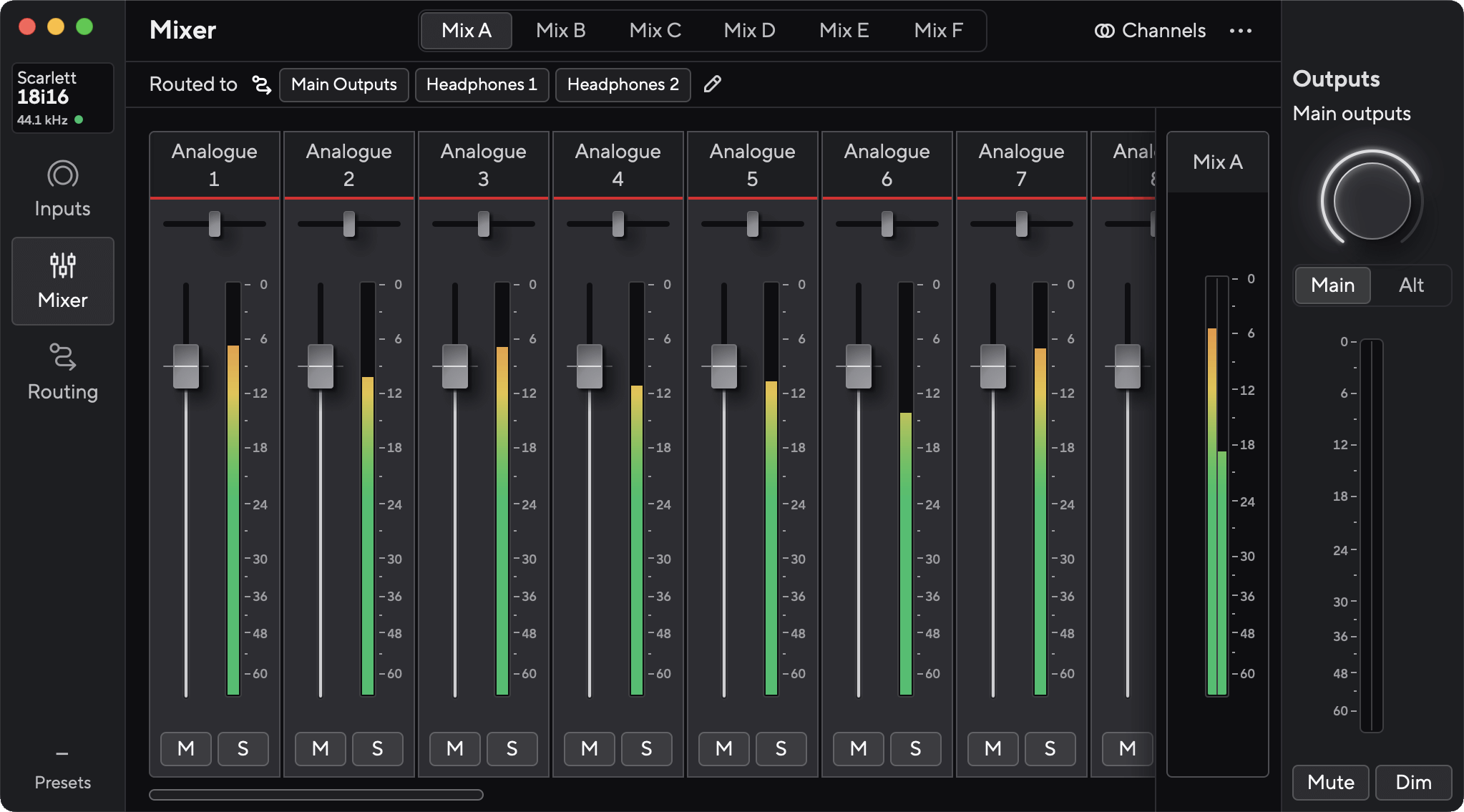 A screenshot of Focusrite Control 2's mixer for the Scarlett 18i16.