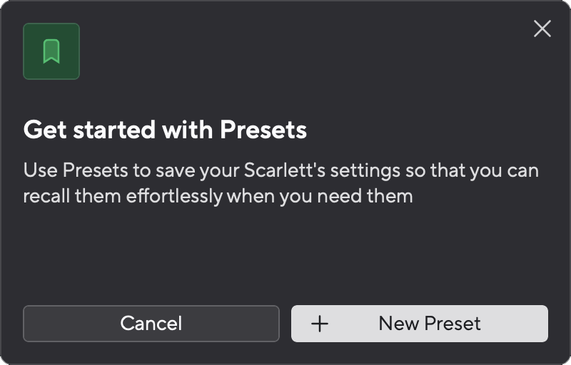 A screenshot of Focusrite Control 2's Get started with Presets pop-up.