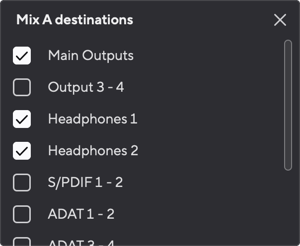 A screenshot of the Mix destinations dropdown in Focusrite Control 2.
