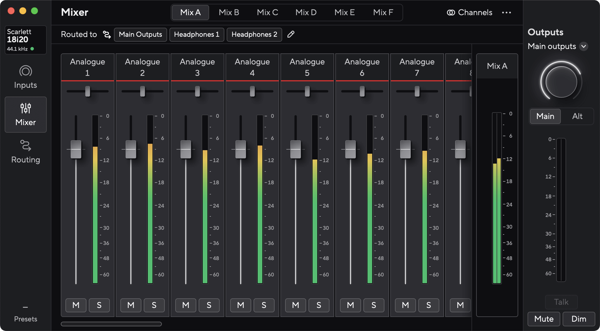 A screenshot of Focusrite Control 2's mixer for the Scarlett 18i20.