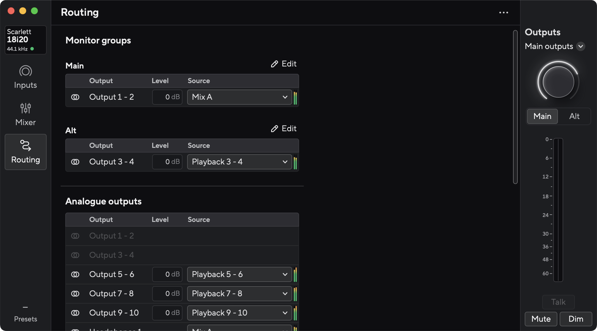 A screenshot of Focusrite Control's Routing tab with the Scarlett 18i20 connected.