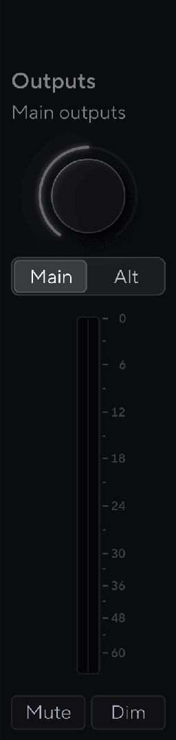 Focusrite Control 2's Output section with the Main/Alt toggle below the output level highlighted.