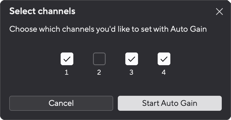 A screenshot of the Scarlett 18i16's Auto Gain select channels window with three out of four channels selected.