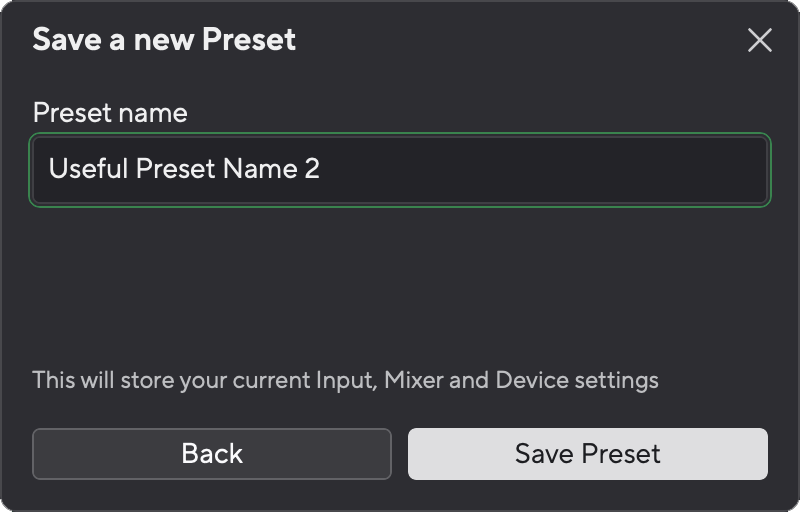 A screenshot of Focusrite Control 2's Save or Rename a preset window.