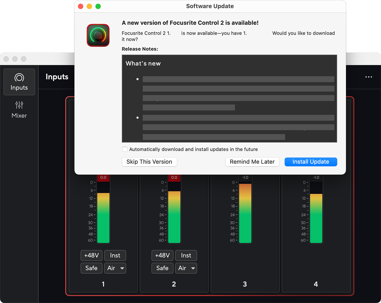 A screenshot of Focusrite Control 2's update available page.