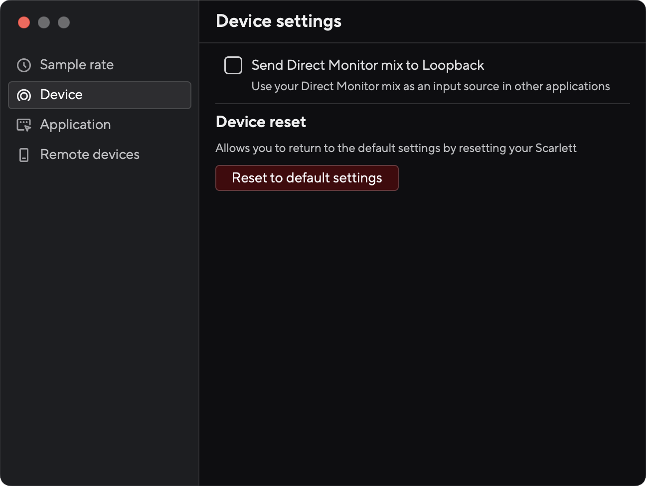 A screenshot of Focusrite Control 2's 2i2 preferences page.