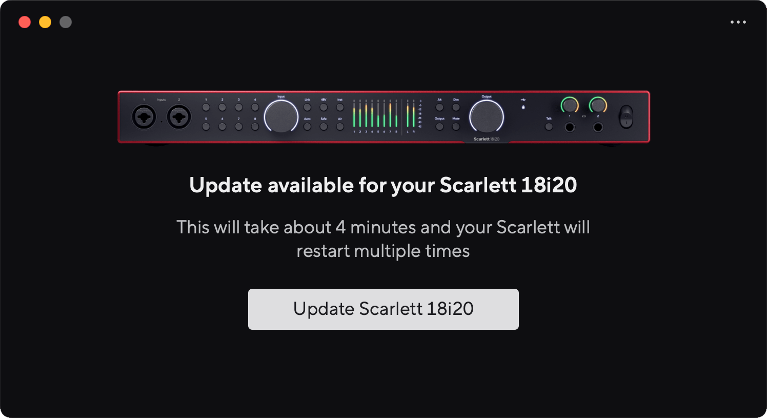 A screenshot of Focusrite Control 2's firmware update available page.
