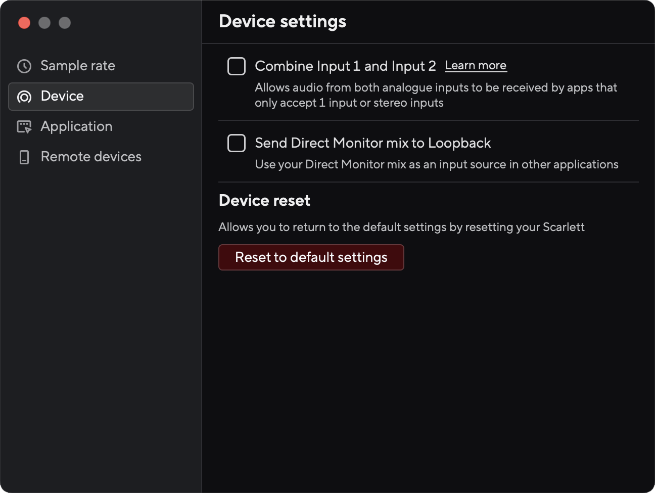 A screenshot of Focusrite Control 2's Solo preferences page.