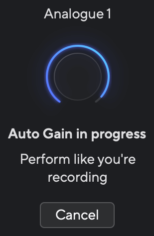 The Focusrite Control 2 Auto Gain in progress.