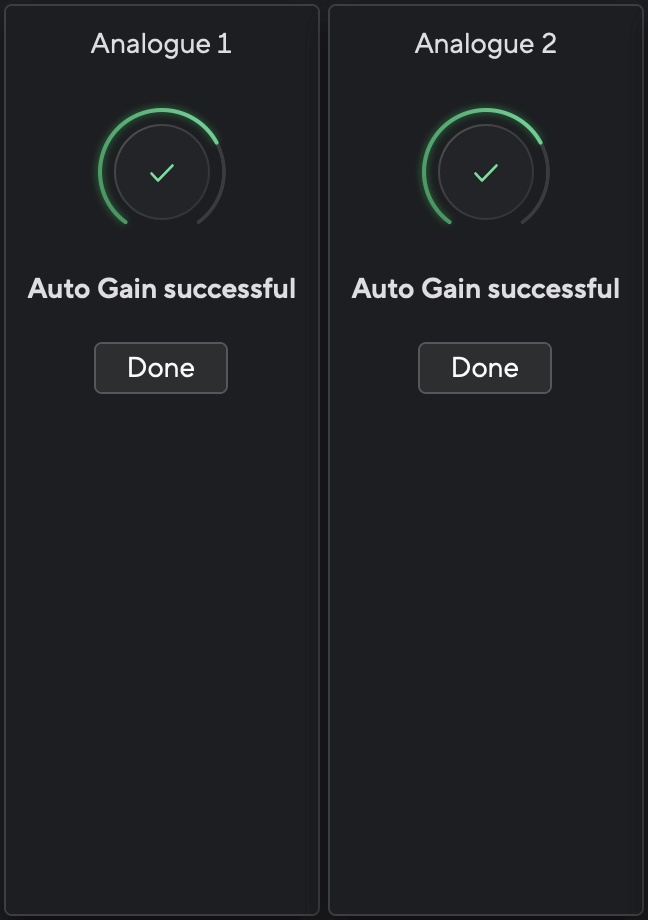 A screenshot of Focusrite Control 2 showing Auto Gain was successful for both Scarlett 18i16 channels.