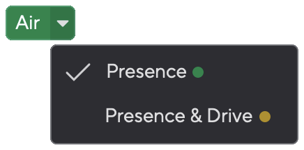 Focusrite Control 2's Air dropdown menu with Presence (green) selected.