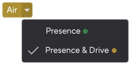Focusrite Control 2's Air dropdown menu with Presence & Drive (Amber) selected.