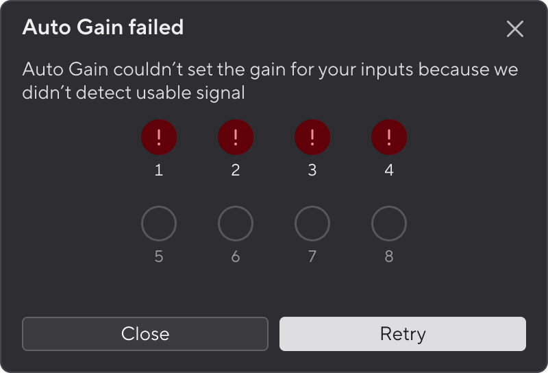 A screenshot of the Scarlett 18i20's Auto Gain failed window showing all channels failed.