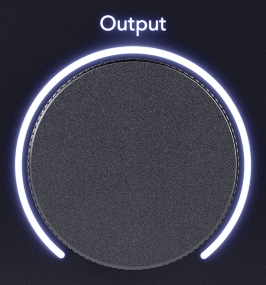 The 18i20's Output Level control, a dial with a white meter that fills to show you where the level is set.