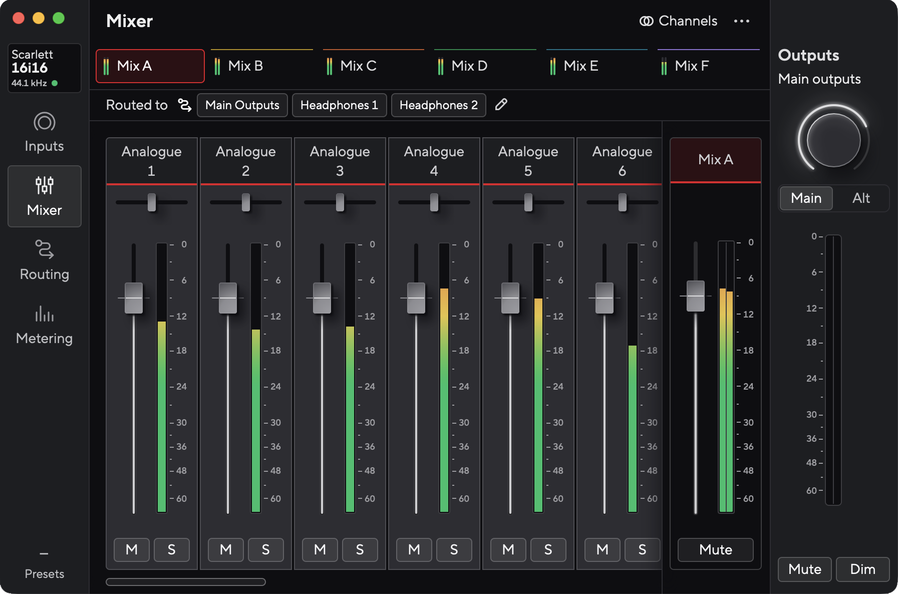 A screenshot of Focusrite Control 2's mixer for the Scarlett 16i16.