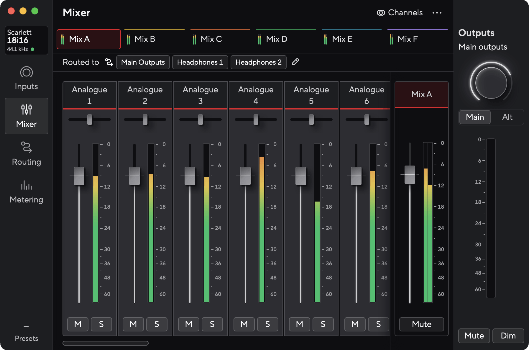 A screenshot of Focusrite Control 2's mixer for the Scarlett 18i16.