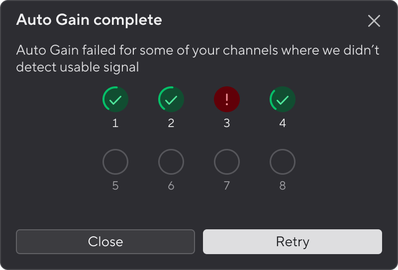 A screenshot of the Scarlett 18i20's Auto Gain complete window showing three channels passed, one channel failed.