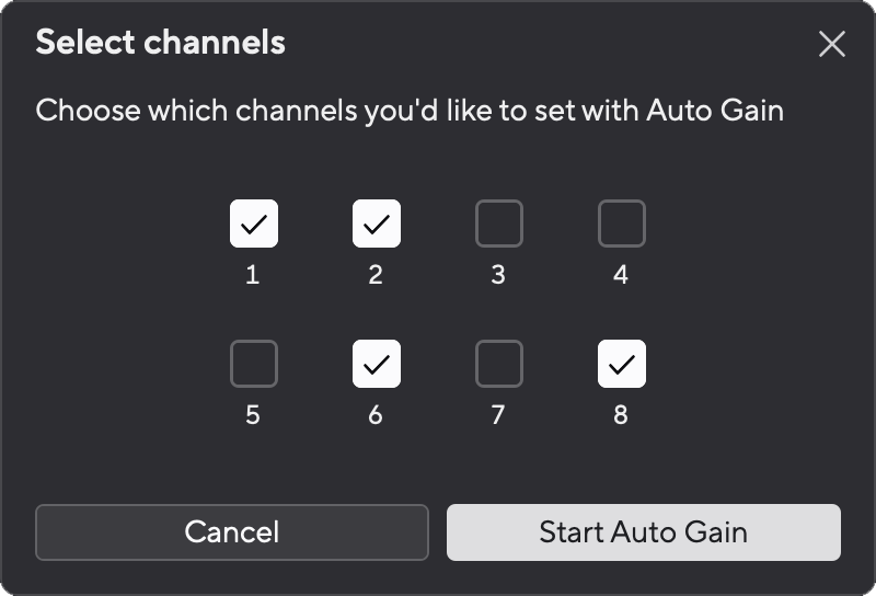 A screenshot of the Scarlett 18i20's Auto Gain select channels window four selected channels.