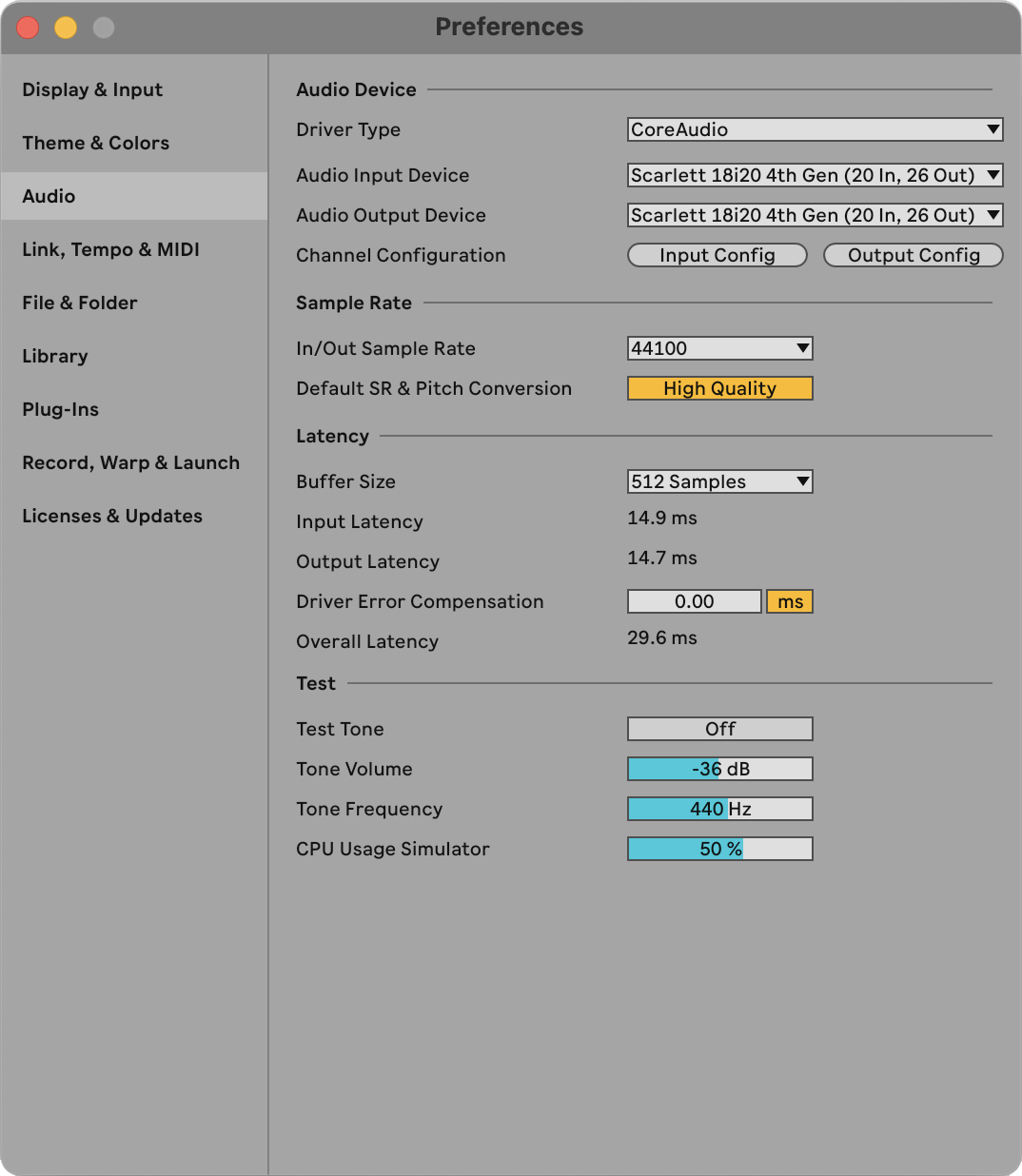 A screenshot of Ableton Live's preferences page with the Scarlett set as the Audio Input and Audio Output Device.