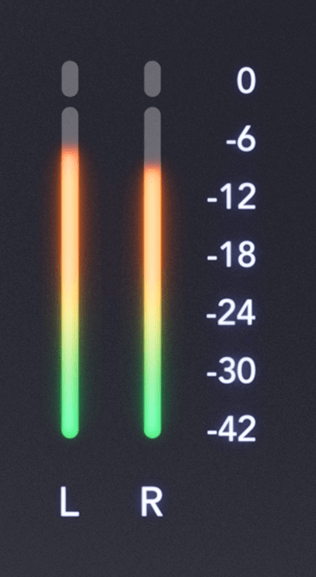 The 18i20's Output Level L and R meters. They light from green to amber with red clip lights at the top. The meters are pre-Output control.