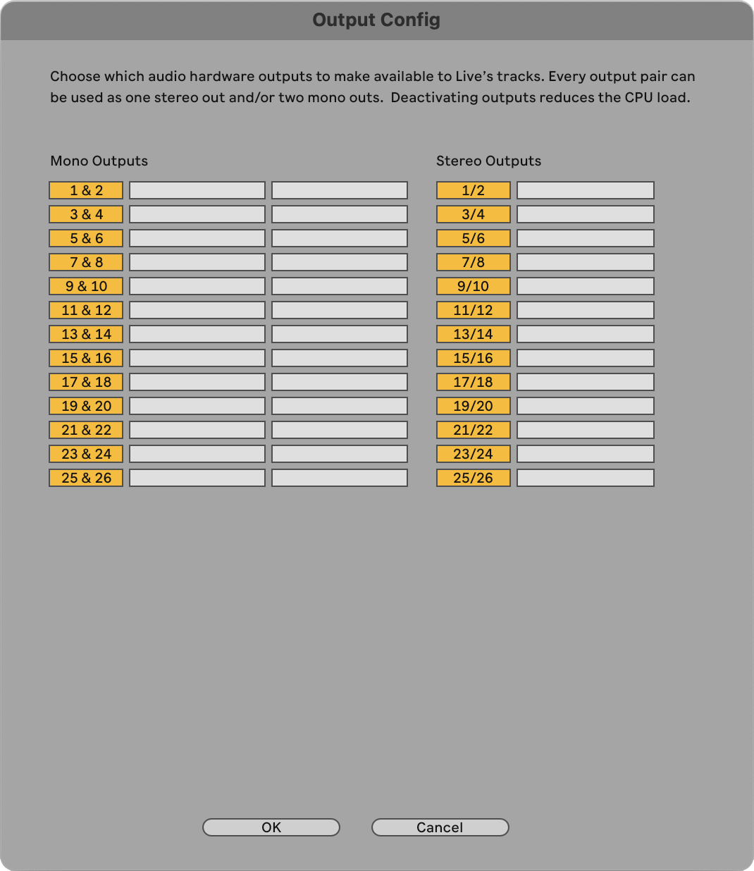 A screenshot of Ableton Live's Output Config page with the channels turned on.