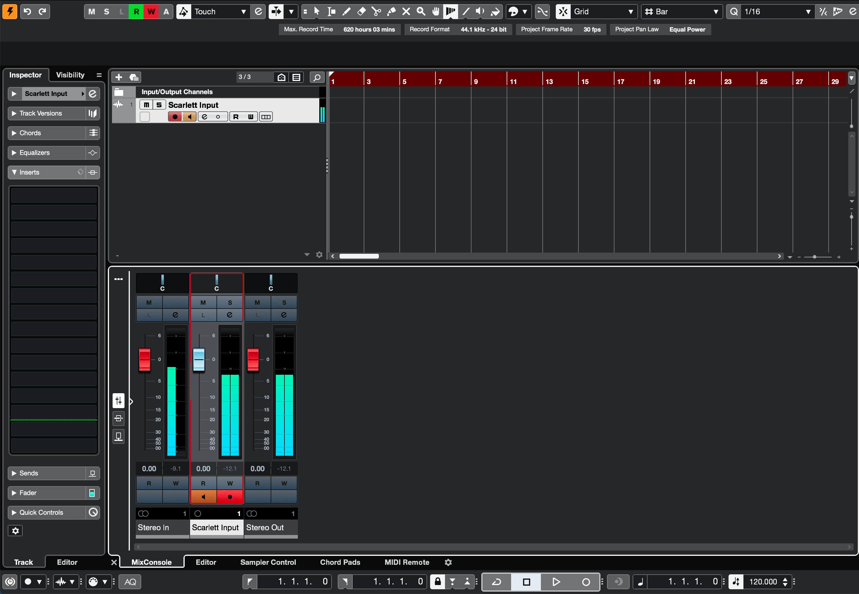 A screenshot of Cubase's window with record arm and input enable on.