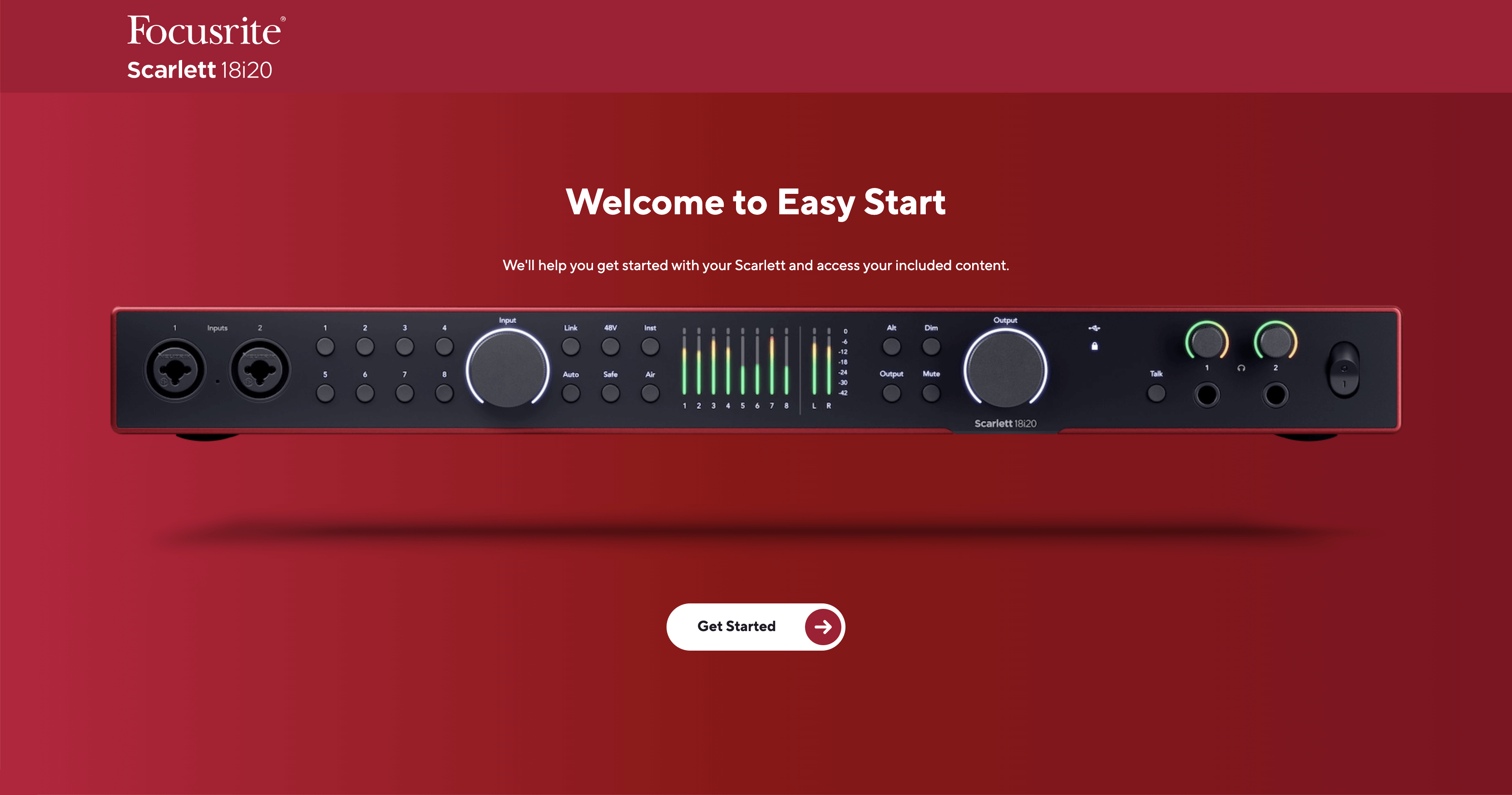 The Easy Start landing page for the Scarlett 18i20.