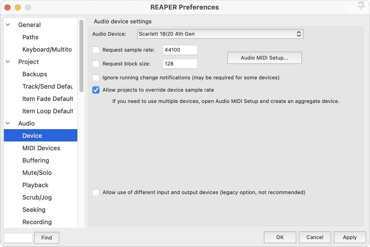 A screenshot of Reaper's audio preferences with Scarlett selected.