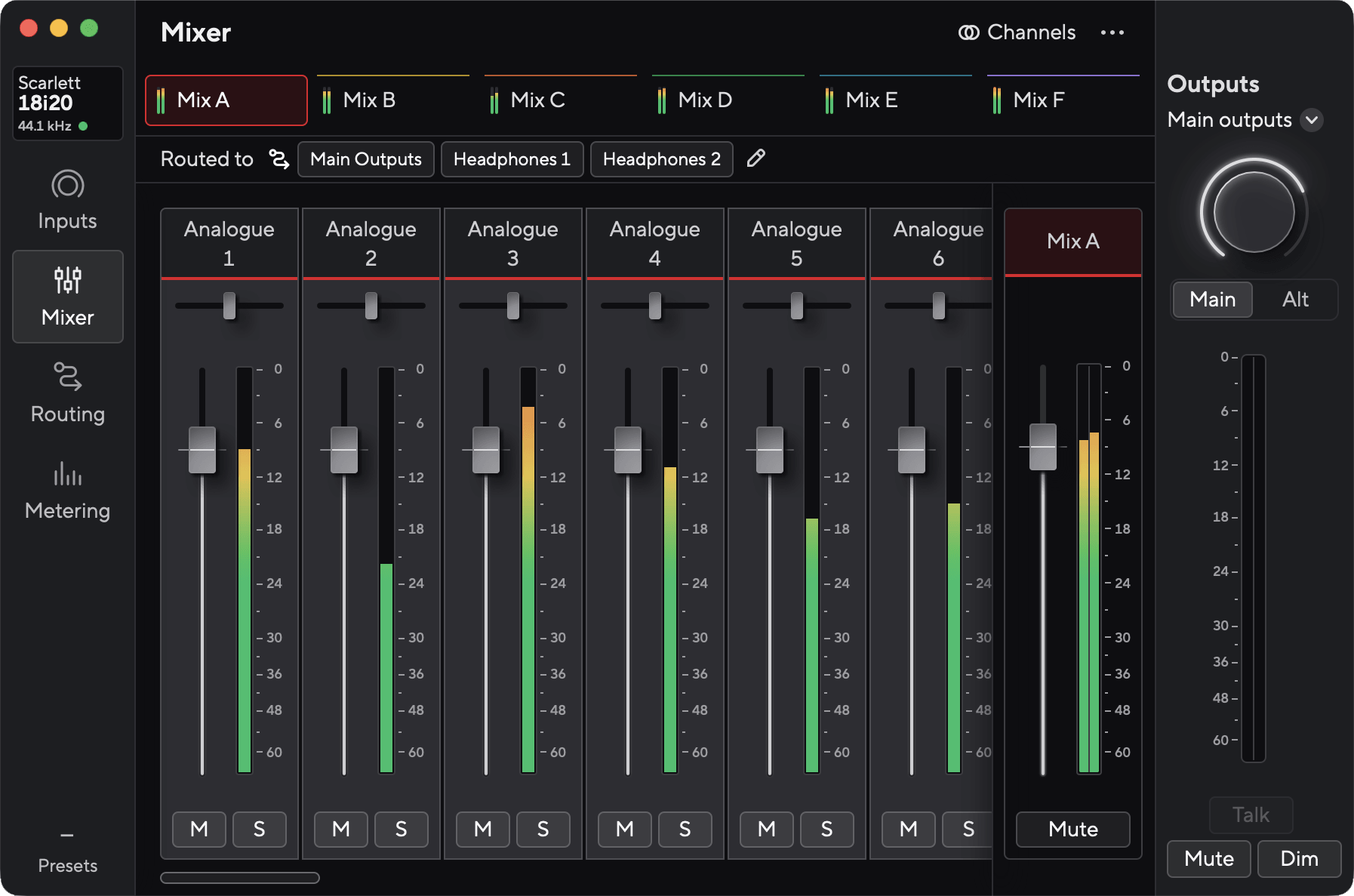 A screenshot of Focusrite Control 2's mixer for the Scarlett 18i20.