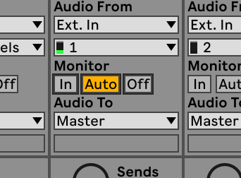 Ableton session view with the Monitor: Auto button on (yellow).