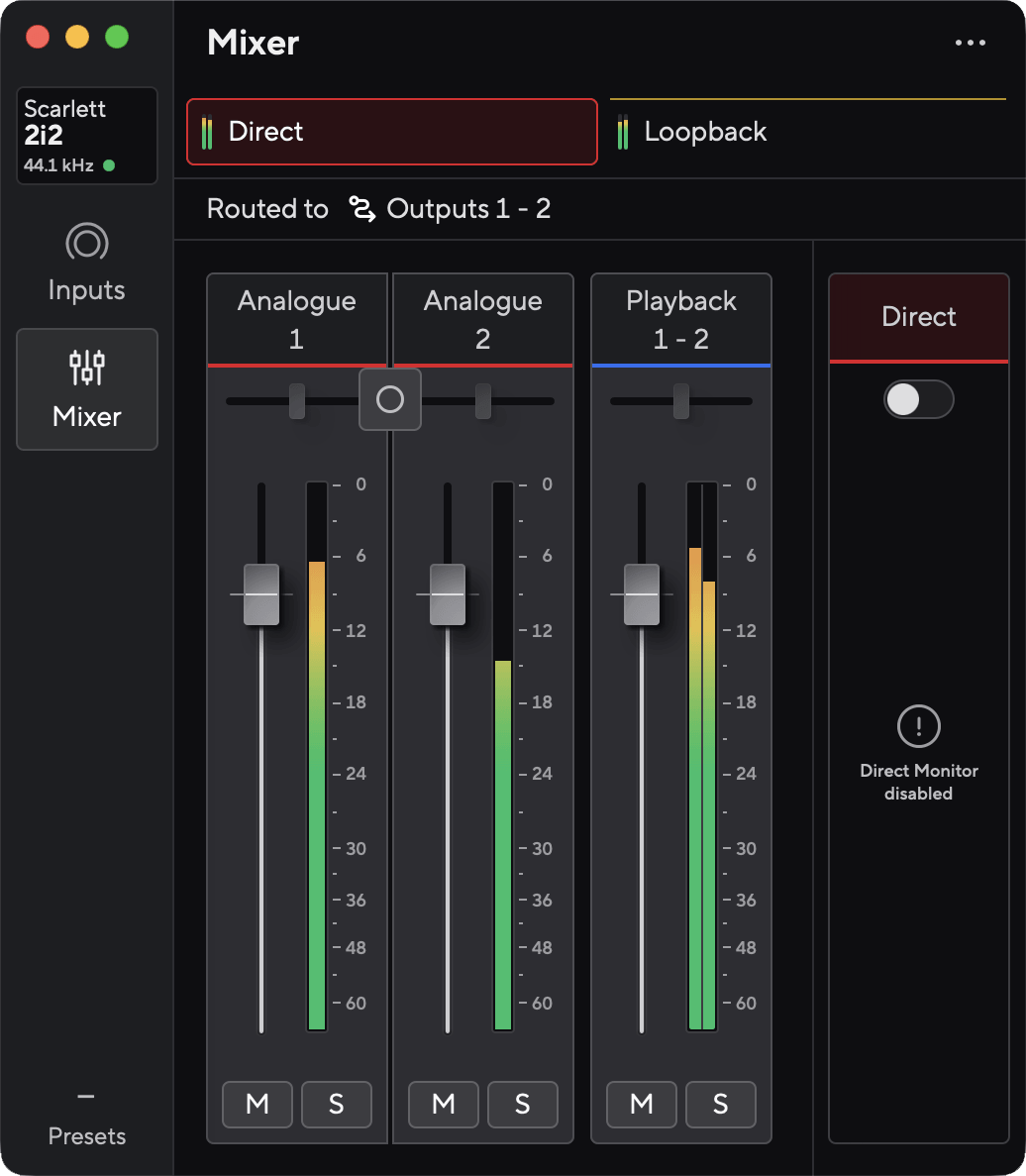 Focusrite Control 2 for the Scarlett 2i2 4th Gen with the Direct Monitor switch at the top of the window off.