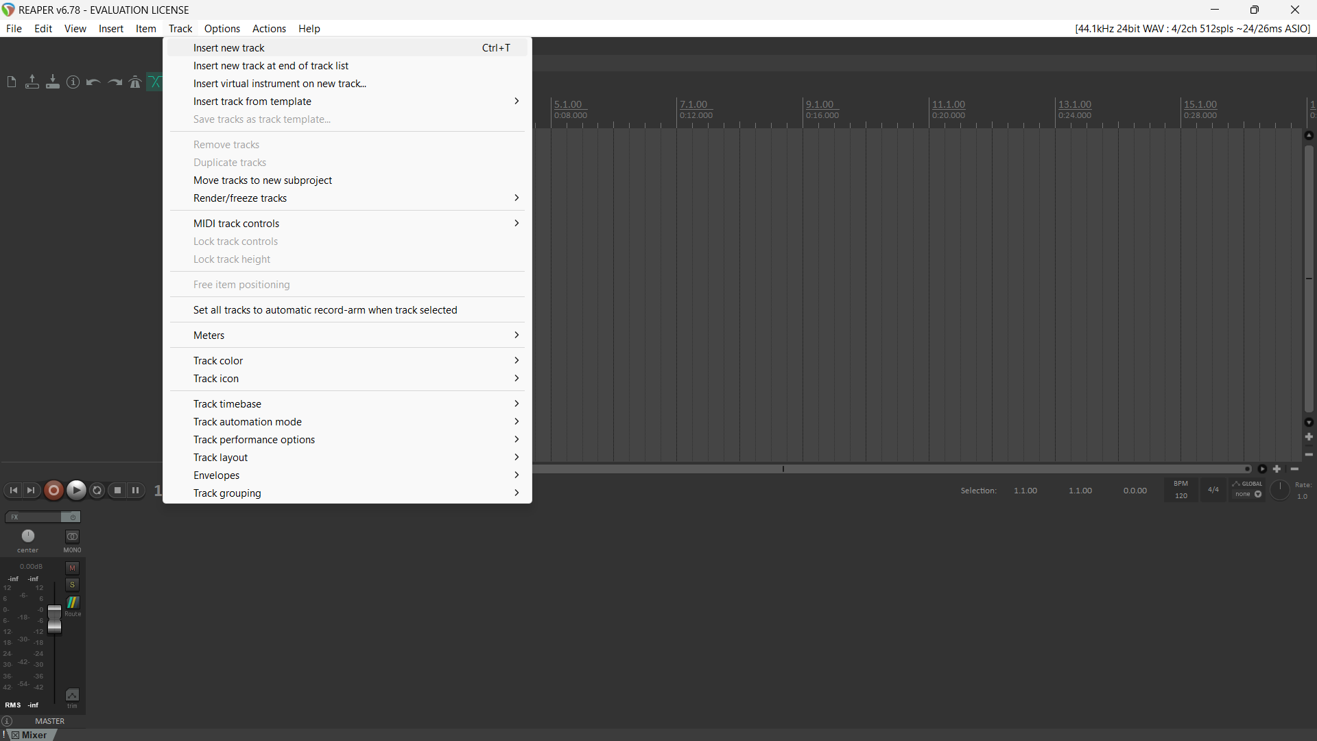 Inserting a new track in Reaper using the Track menu.