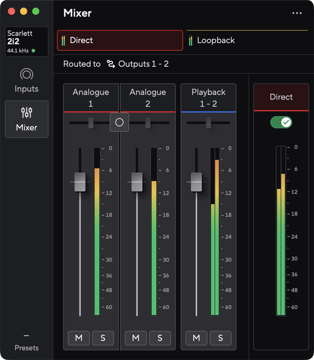 Focusrite Control 2 for the Scarlett 2i2 4th Gen with the Direct Monitor switch at the top of the window enabled.