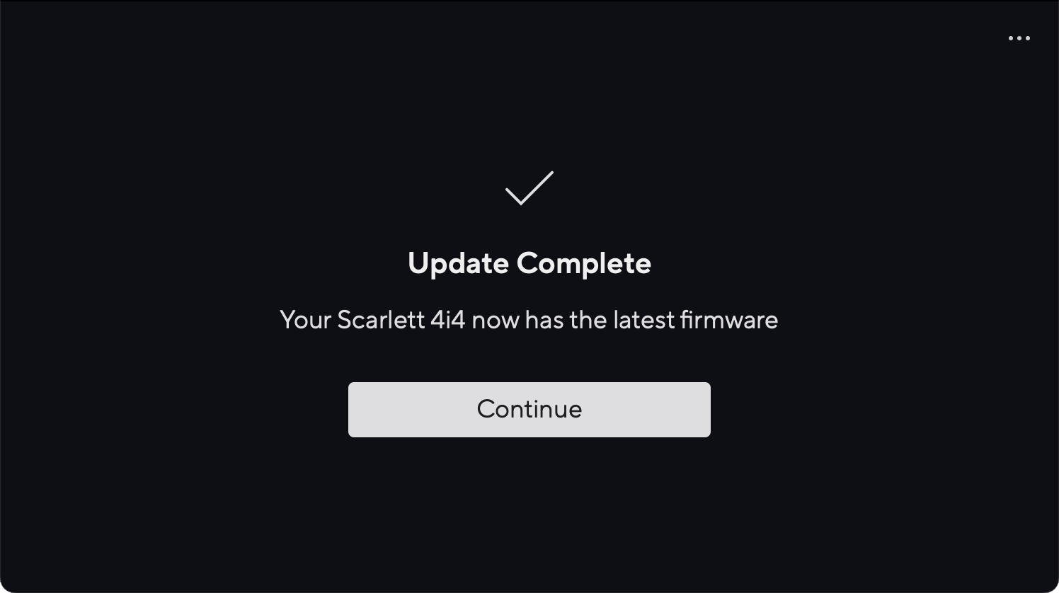 A screenshot of Focusrite Control 2's 4i4 update complete page.
