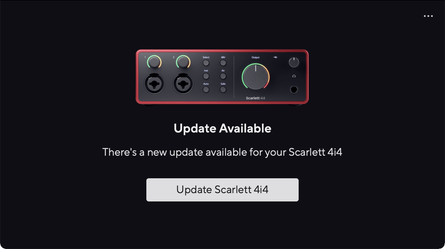 A screenshot of Focusrite Control 2's 4i4 update available page.