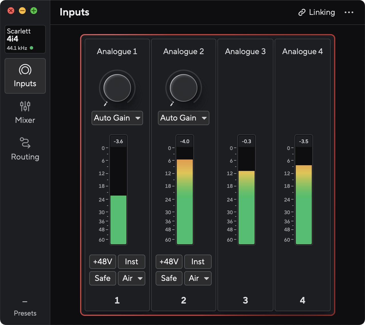 A screenshot of Focusrite Control 2's default view for the Scarlett 4i4.