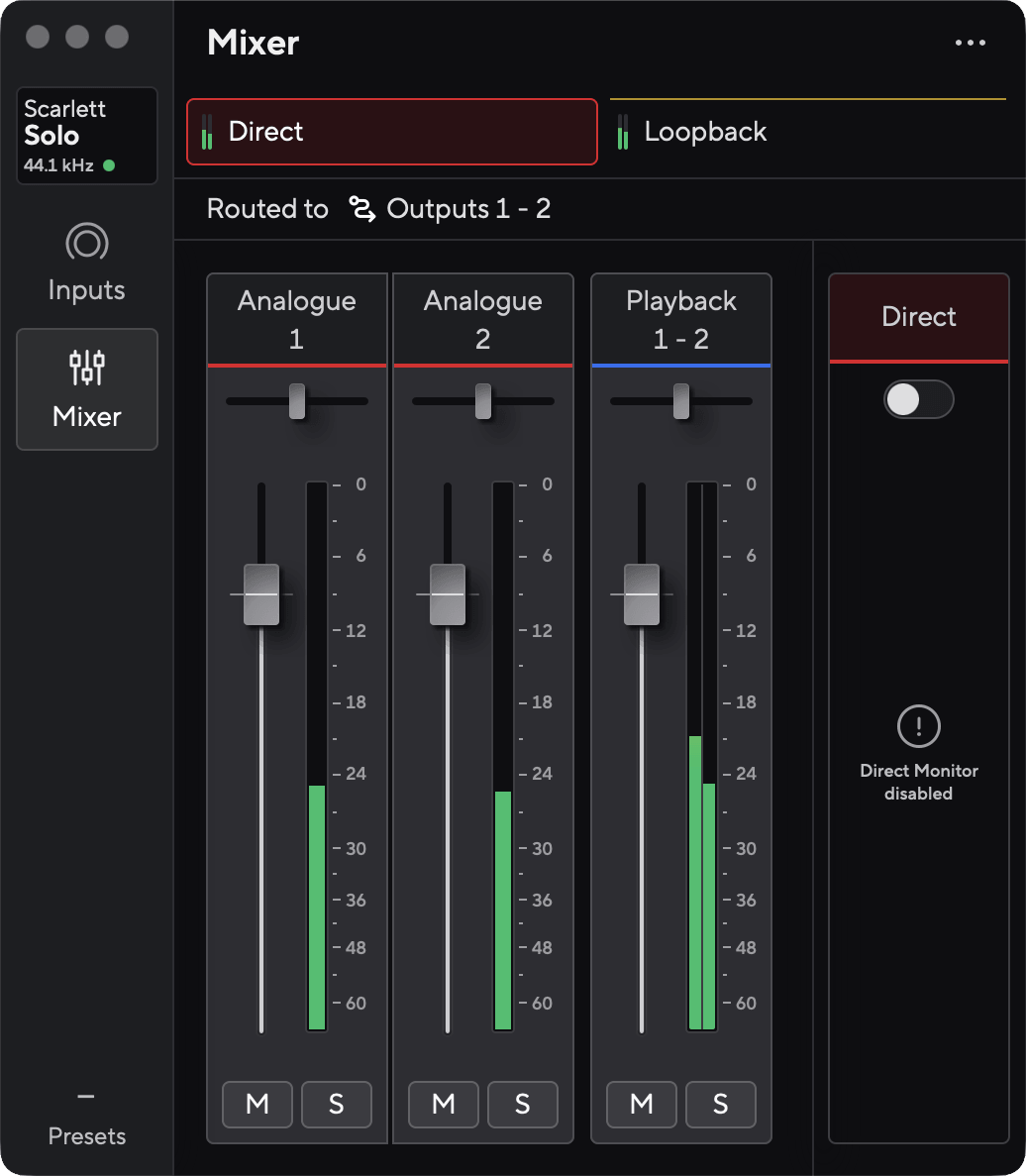 Focusrite Control 2 for the Scarlett 4th Gen with the Direct Monitor switch at the top of the window off.