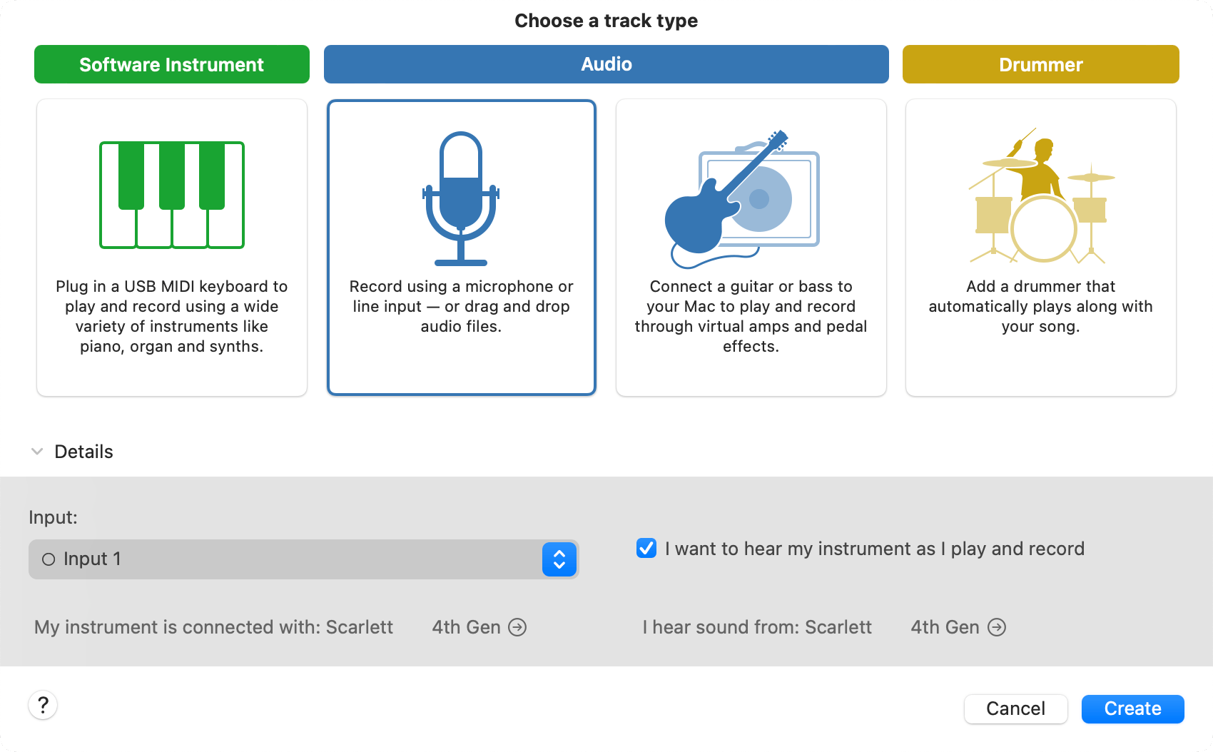 GarageBand Choose a track type dialogue window.