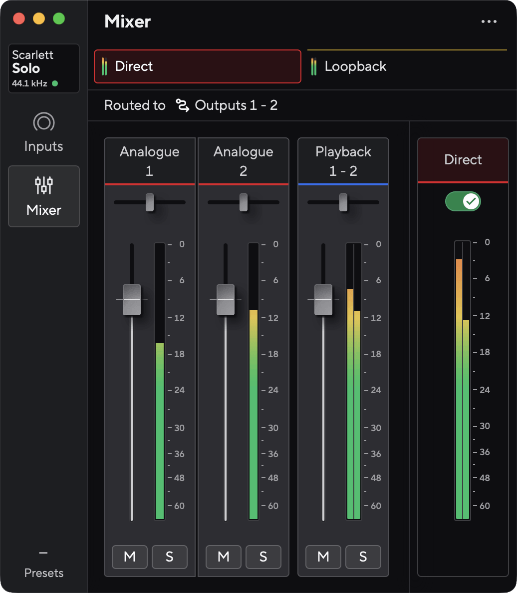 Focusrite Control 2 for the Scarlett 4th Gen with the Direct Monitor switch at the top of the window on.