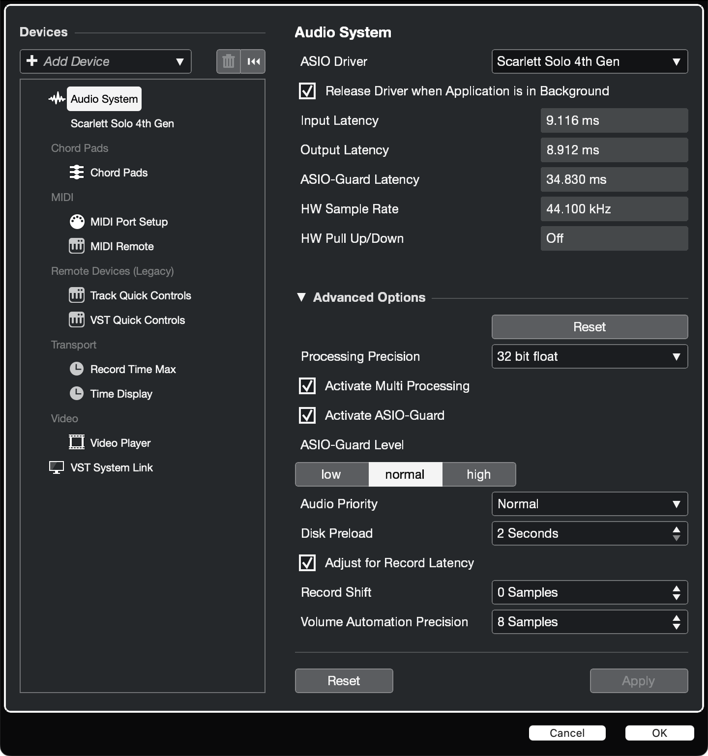 A screenshot of Cubase's Studio Setup window with Scarlett Solo 4th Gen selected as the ASIO Driver.