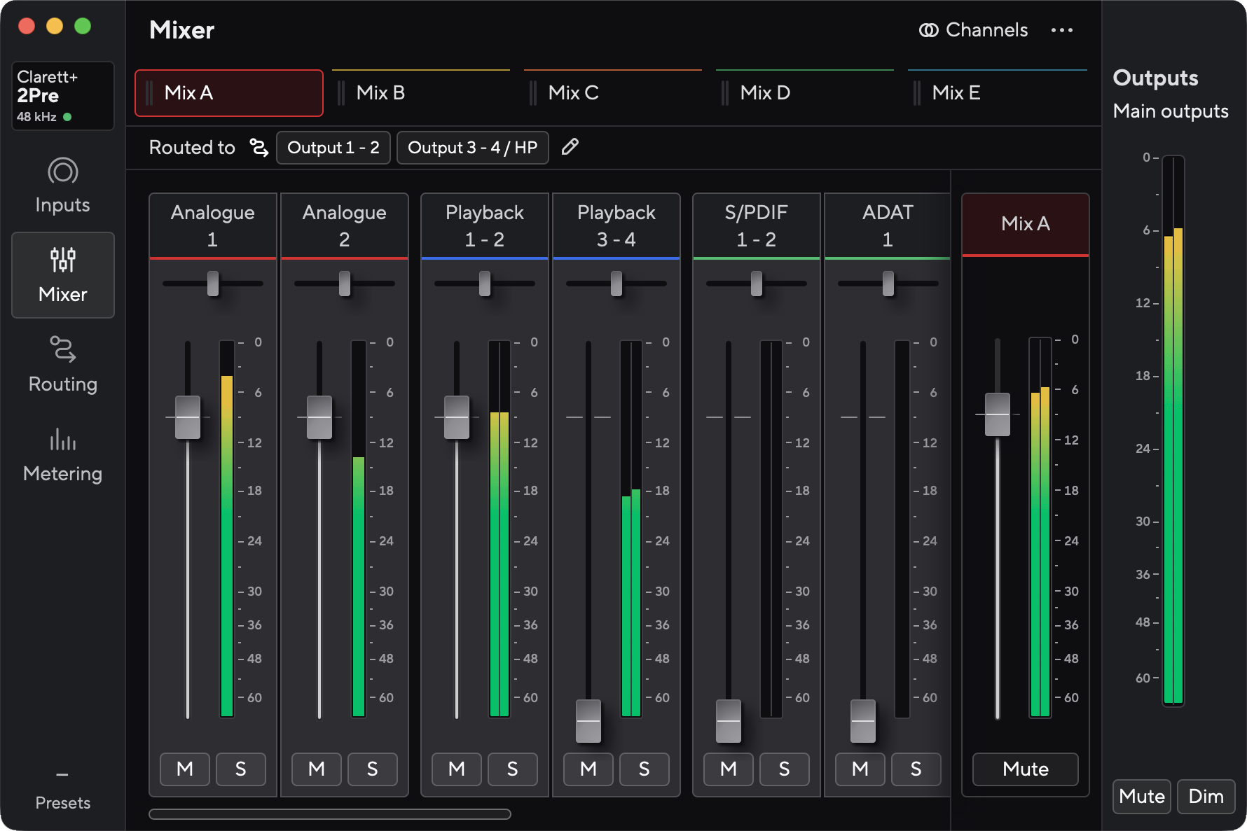 A screenshot of Focusrite Control 2's Mixer tab with the Clarett+ 2Pre connected